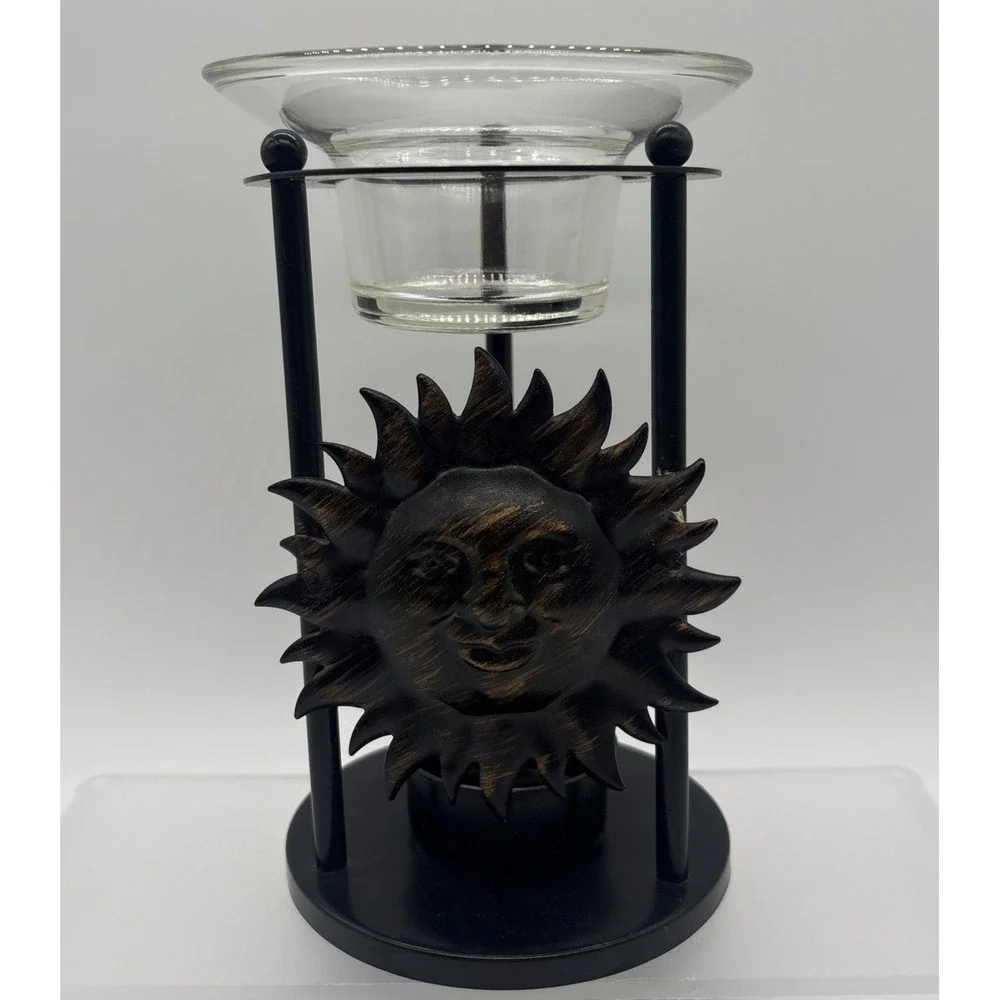 Vintage Celestial Sun Candle Holder & Oil Warmer Metal Bronze Finish Glass Top
